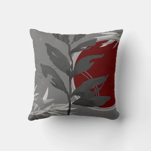 ダークグレーとブルゴーニュ抽象芸術ウォーターカラーリーフ クッション (裏面)