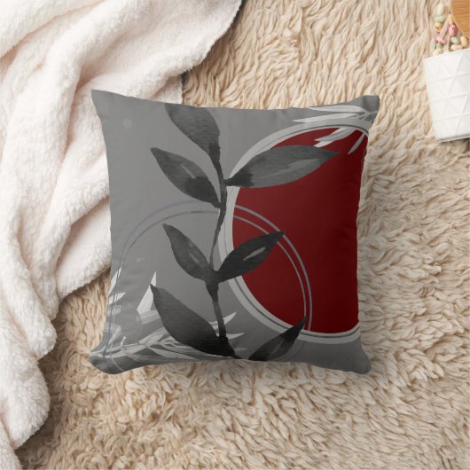 ダークグレーとブルゴーニュ禅の水の色葉の クッション (ブランケット)