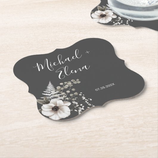 ダークグレーとホワイトのフローラ結婚ズ ペーパーコースター (アングル)