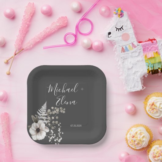 ダークグレーとホワイトのフローラ結婚ズ ペーパープレート (パーティー)