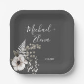 ダークグレーとホワイトのフローラ結婚ズ ペーパープレート (正面)