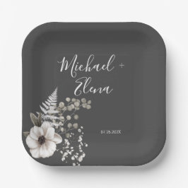 ダークグレーとホワイトのフローラ結婚ズ ペーパープレート