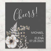 ダークグレーとホワイトのフローラ結婚ズ ワインラベル (シングルラベル)