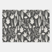 ダークグレーと白のハーブ植物パターンフローラ ラッピングペーパーシート (正面)