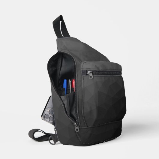 ダークグレーのグラデーションジオメトリメッシュパターン スリングバッグ (見開き)