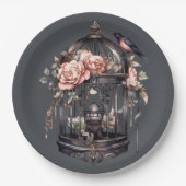 ダークグレーのゴシック色ブラックピンクバードシャワー ペーパープレート (正面)