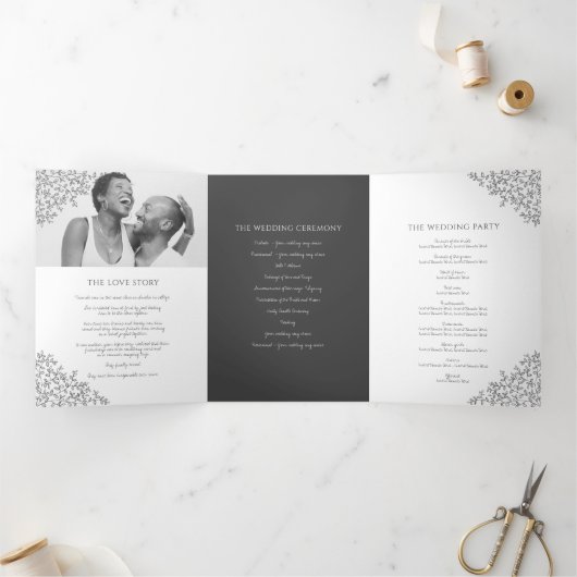 ダークグレーのモノグラムのアート結婚ストーリー献身 三つ折りプログラム (内部)