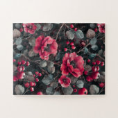 ダークグレーのラズベリー、バーガンディの花 ジグソーパズル (横)