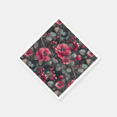 ダークグレーのラズベリー、バーガンディの花 スタンダードカクテルナプキン (角)