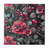 ダークグレーのラズベリー、バーガンディの花 タイル (正面)