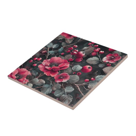 ダークグレーのラズベリー、バーガンディの花 タイル (側面)