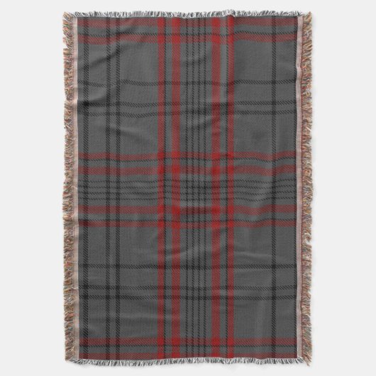 ダークグレーの木炭黒の赤く巨大なタータンチェック格子縞 スローブランケット (正面縦)