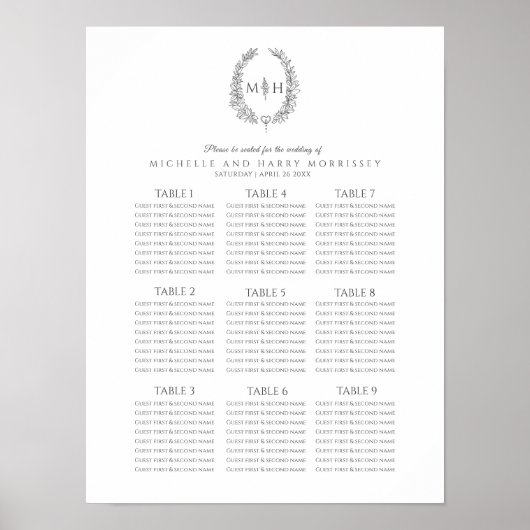 ダークグレーの葉のリースの結婚式座席表 ポスター (正面)