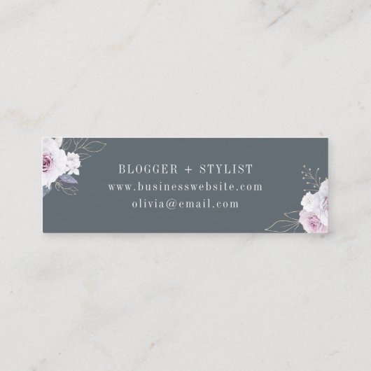 ダークグレーの赤面そして柔らかいすみれ色の花柄 スキニー名刺 (裏面)
