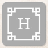 ダークグレーウィットギリシャ鍵フレーム#2イニシャルモノグラム スクエアペーパーコースター (正面)