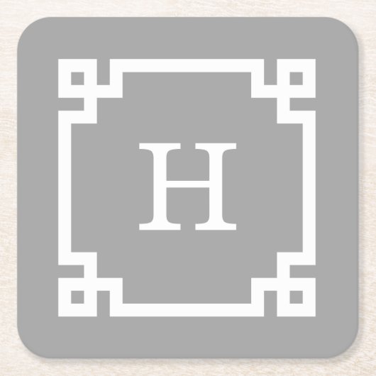 ダークグレーウィットギリシャ鍵フレーム#2イニシャルモノグラム スクエアペーパーコースター (正面)