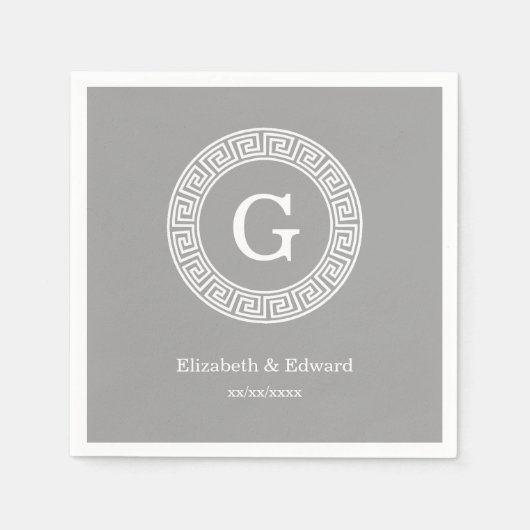 ダークグレーウィットギリシャ鍵ランドフレームイニシャルモノグラム スタンダードカクテルナプキン (正面)