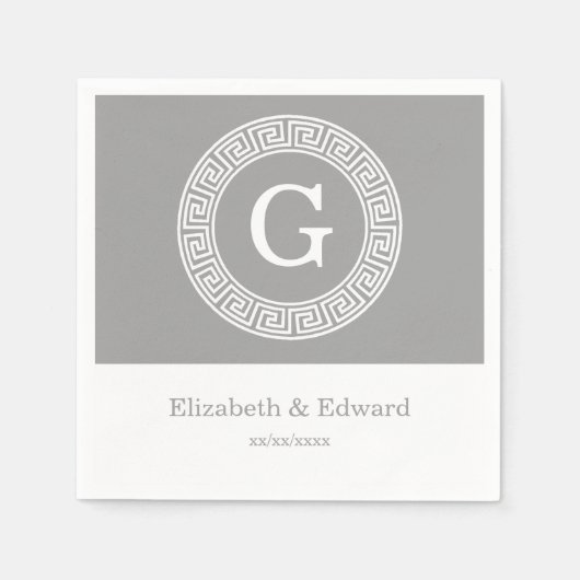 ダークグレーウィットギリシャ鍵ランドフレームイニシャルモノグラム スタンダードカクテルナプキン (正面)
