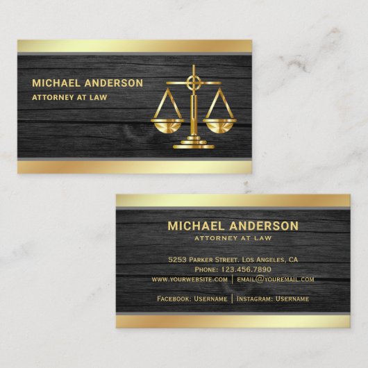 ダークグレーウッド金ゴールドジャスティススケール弁護士弁護士 名刺 (正面/裏面)