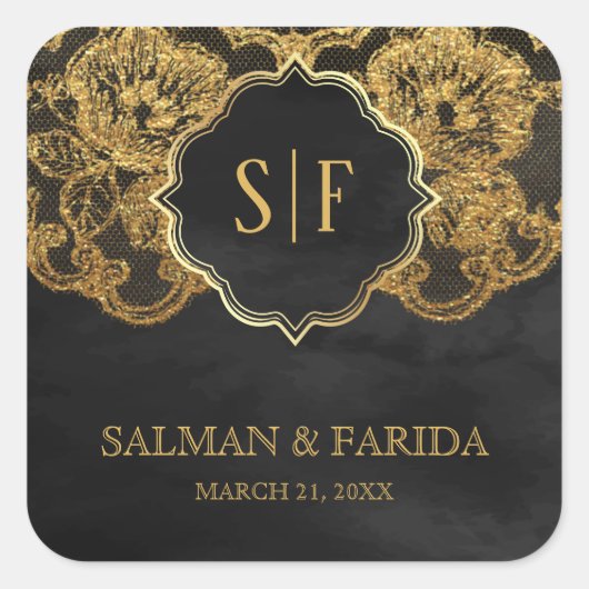 ダークグレーゴールドフォイルレースモノグラム結婚式の引き出物 スクエアシール (正面)