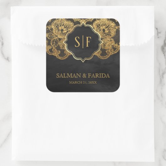 ダークグレーゴールドフォイルレースモノグラム結婚式の引き出物 スクエアシール (バッグ)