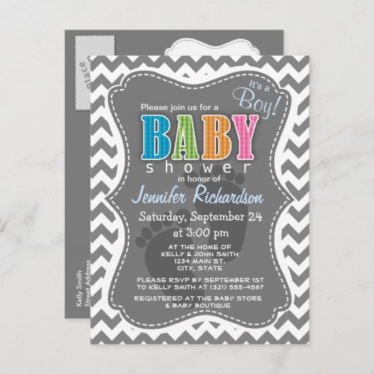 ダークグレーシェブロン;ジグザグ インビテーションポストカード (正面/裏面)