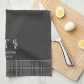ダークグレータータンチェックカスタムモノグラムチャコールグレー キッチンタオル (四つ折り)