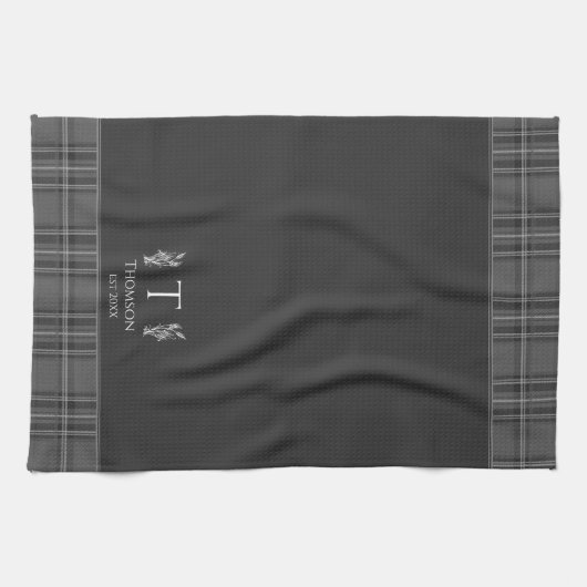 ダークグレータータンチェックカスタムモノグラムチャコールグレー キッチンタオル (横)