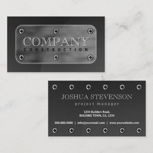 ダークグレーフェイクスチールメタルプレートとネジ 名刺 (正面/裏面)