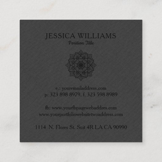 ダークグレーフェイクリネン&ブラックマンダラ スクエア名刺 (裏面)
