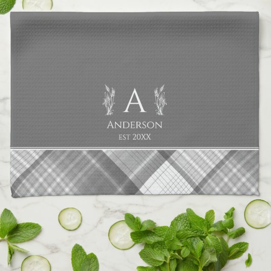 ダークグレープレイド名パーソナライズされたモノグラム キッチンタオル (折り畳み)