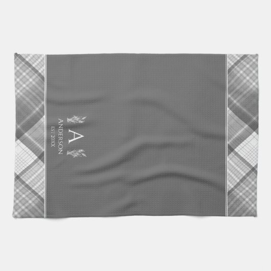 ダークグレープレイド名パーソナライズされたモノグラム キッチンタオル (横)