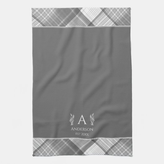 ダークグレープレイド名パーソナライズされたモノグラム キッチンタオル (縦)
