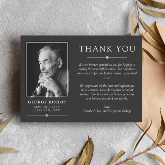 ダークグレーミニマリストフォト悔やみや弔慰ありがとう サンキューカード