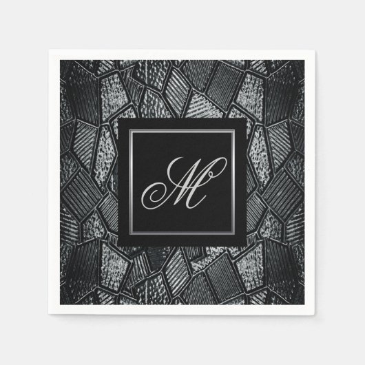 ダークグレーモザイクガラスモノグラムの スタンダードカクテルナプキン (正面)