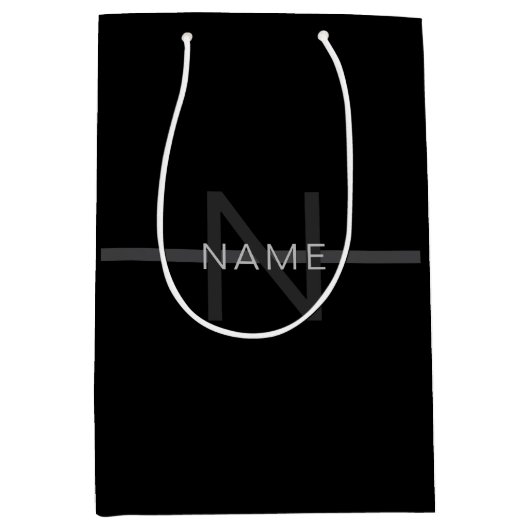 ダークグレーモノグラム、名前と幾何学的ストライプ ミディアムペーパーバッグ (正面)