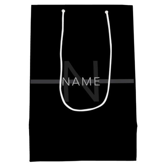 ダークグレーモノグラム、名前と幾何学的ストライプ ミディアムペーパーバッグ (裏面)