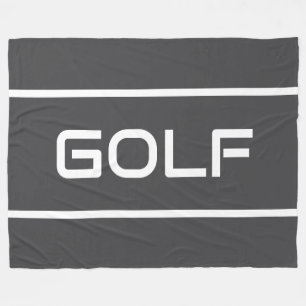 ダークグレー地にモダンな白文字とストライプのGOLFデザイン フリースブランケット