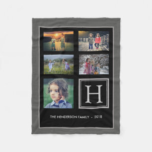 ダークグレー家族のモノグラムの写真のコラージュ フリースブランケット