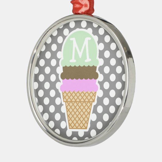 ダークグレー水玉模様；アイスクリームコーン メタルオーナメント (左)