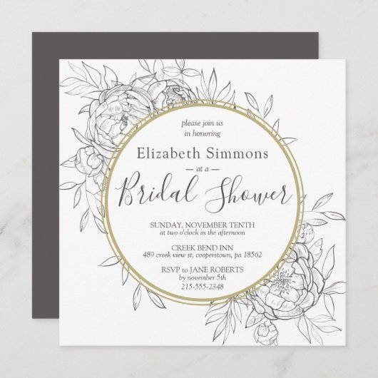 ダークグレー牡丹フローラモダントワールブライダルシャワー 招待状 (正面/裏面)