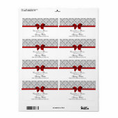 ダークグレー白ダマスク水ラベルと赤い弓 ラベル (フルシート)