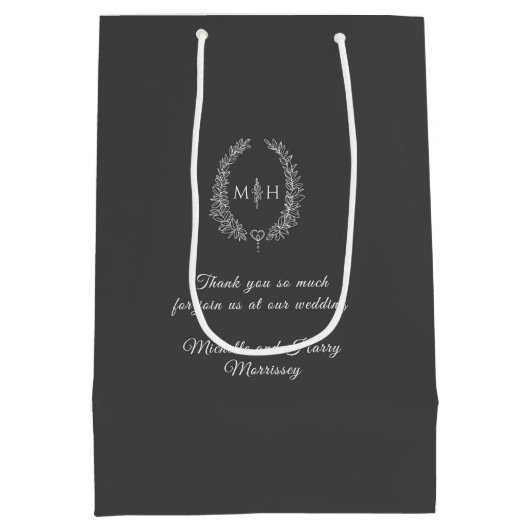 ダークグレー白葉楕円形リースモノグラム結婚ズ ミディアムペーパーバッグ (裏面)