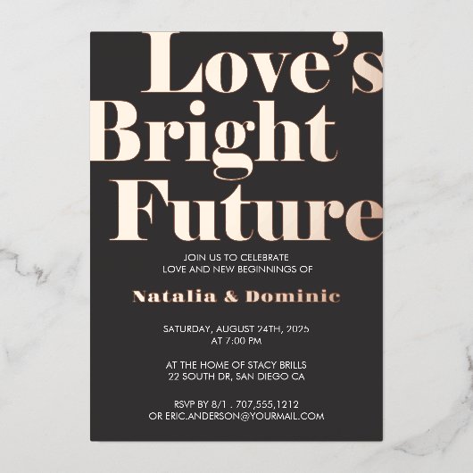 ダークグレー箔押し「Love’s Bright Future」エンゲージメントI 箔招待状 (正面)