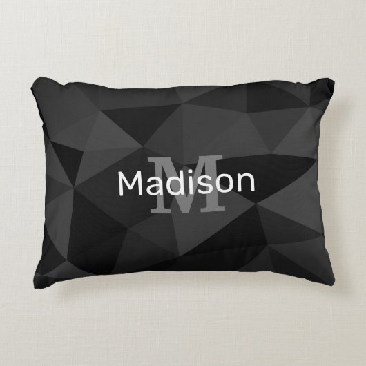 ダークグレー黒の幾何学的メッシュパターンモノグラム アクセントクッション (正面)