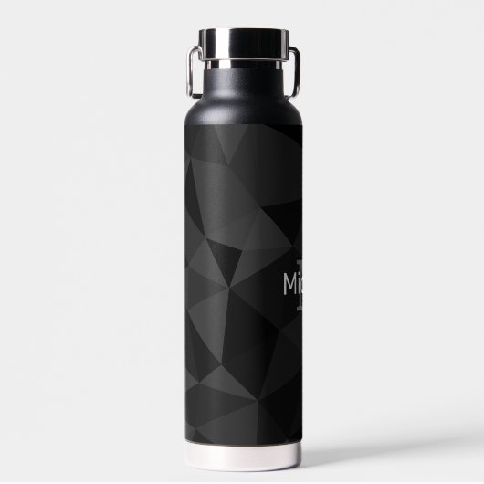 ダークグレー黒の幾何学的メッシュパターンモノグラム ウォーターボトル (正面)