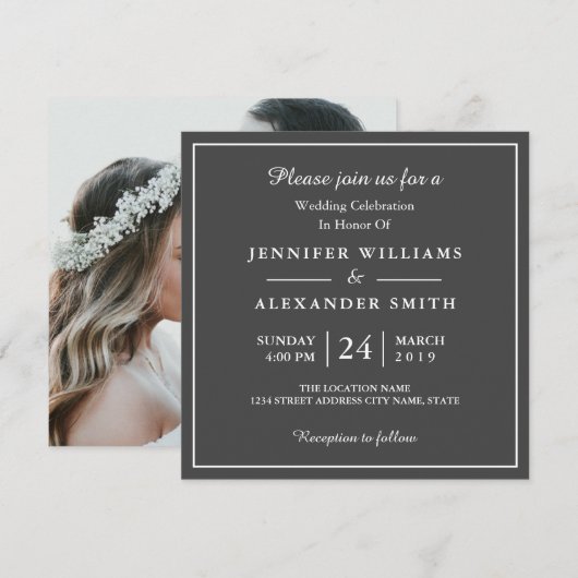 ダークグレー エレガント フォト ウェディング インビテーション (正面/裏面)