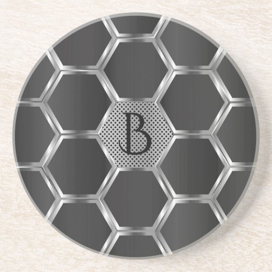 ダークグレー&シルバー幾何学模様モノグラム コースター (正面)