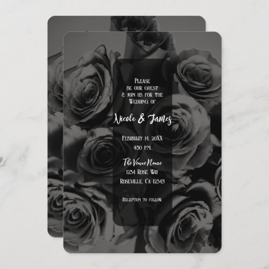 ダークグレー&ブラックバラフローラブーケ結婚ス 招待状 (正面/裏面)