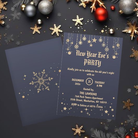 ダークグレー – ブロンズの星と雪の結晶の新年パーティー 招待状